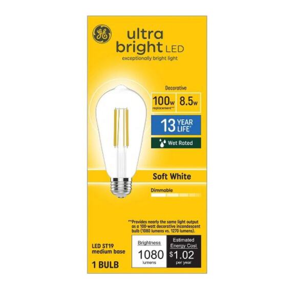 NEW GE (1) 100W, 8.5W Ultra Bright LED ST19 Light Bulb Soft White Bulb In Box - Picture 4 of 4